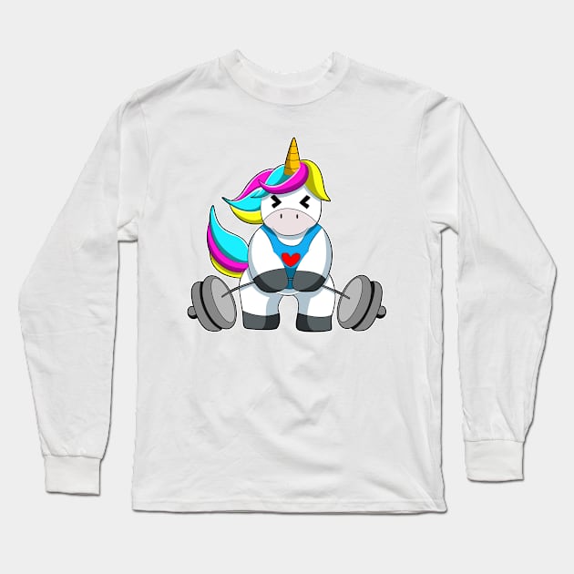 Unicorn at Strength training with Dumbbell Long Sleeve T-Shirt by Markus Schnabel